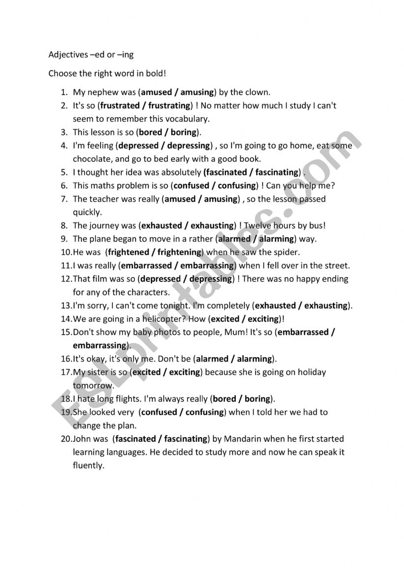 Adjectuves -ed or -ing worksheet