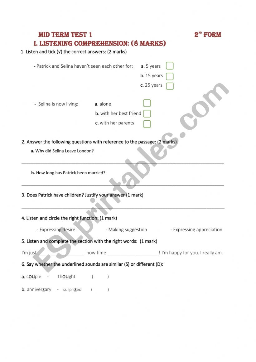 2 nd Form Mid Term test 1 Tunisia