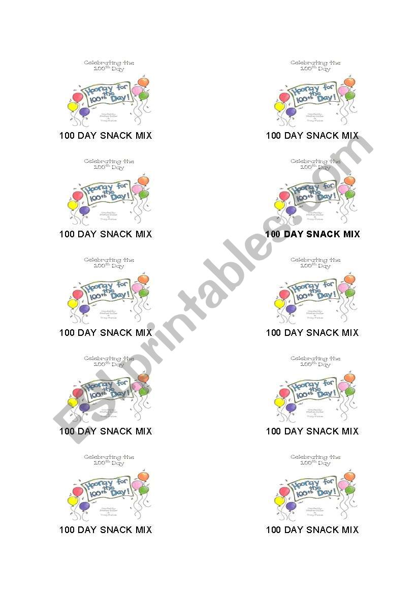 100th Day Snack Mix Labels worksheet