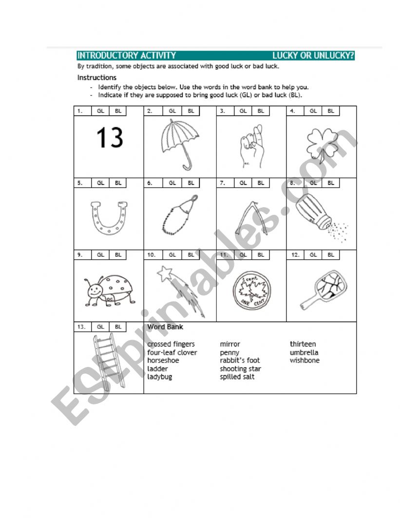 LUCKY or UNLUCKY worksheet