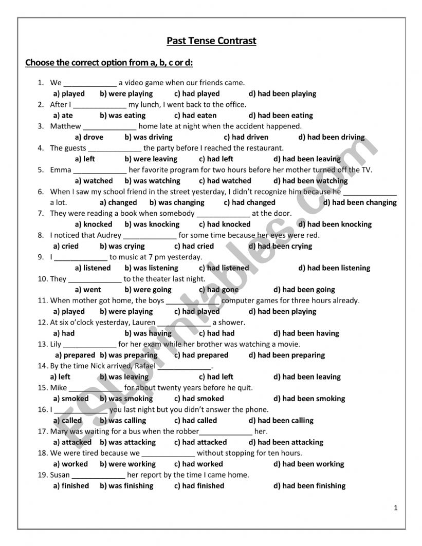 The four past tenses, mcq worksheet