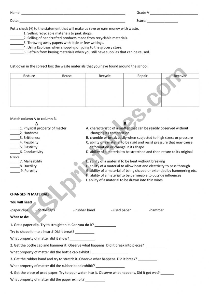 properties of matter worksheet