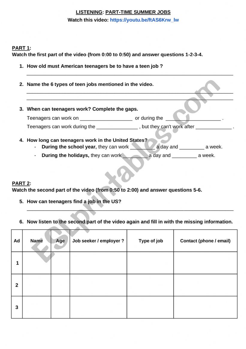 Part-time Summer Jobs worksheet