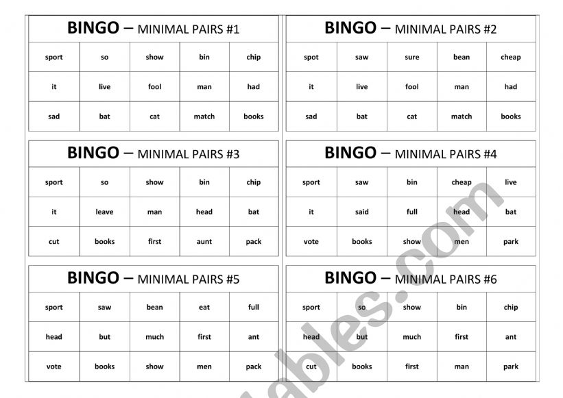 Bingo - minimal pairs worksheet