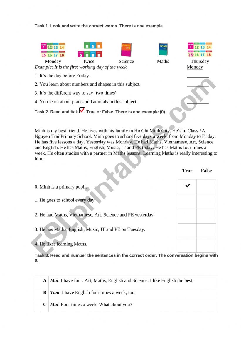 school subject worksheet