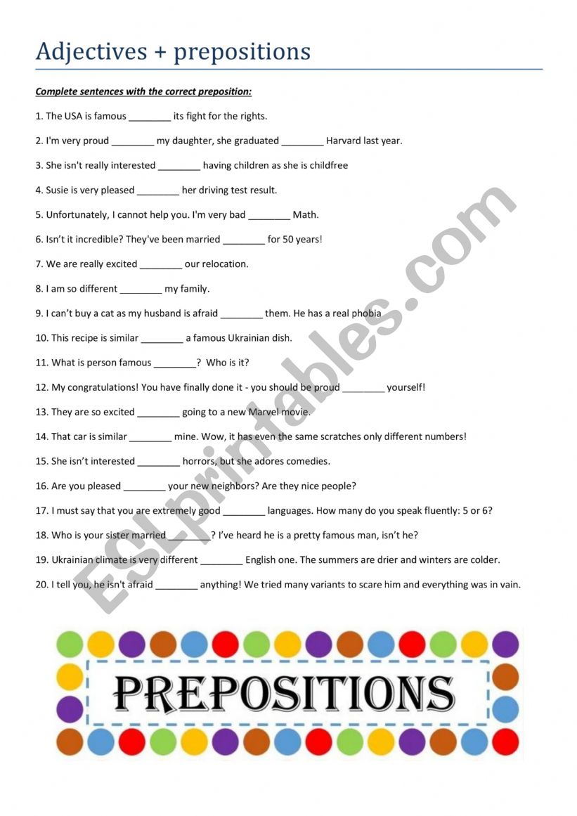 Adjectives + prepositions (with answers) 