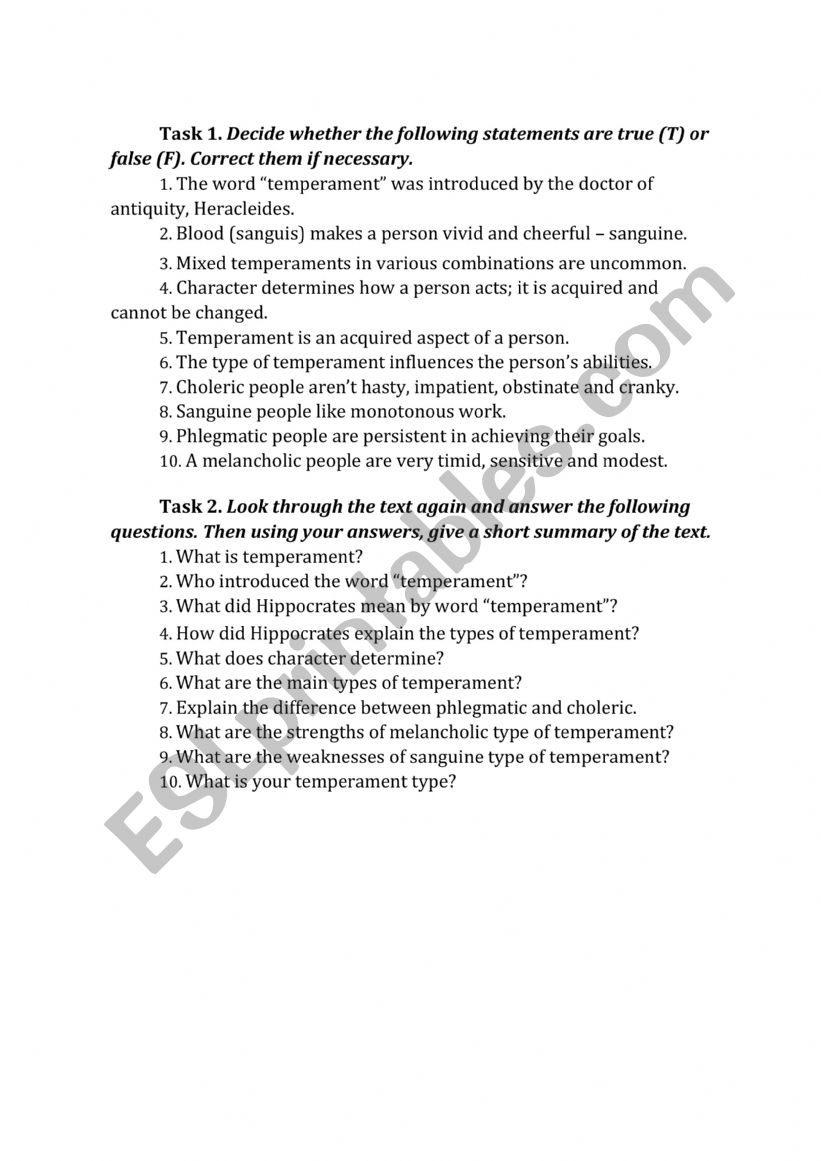 Main Psychological Characteristics of Temperaments