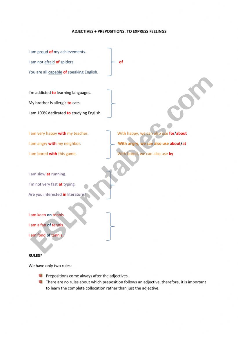 Adjectives and prepositions worksheet