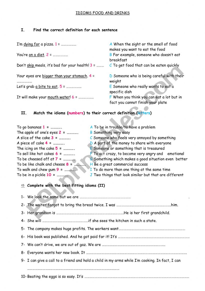 Food and drinks IDIOMS worksheet