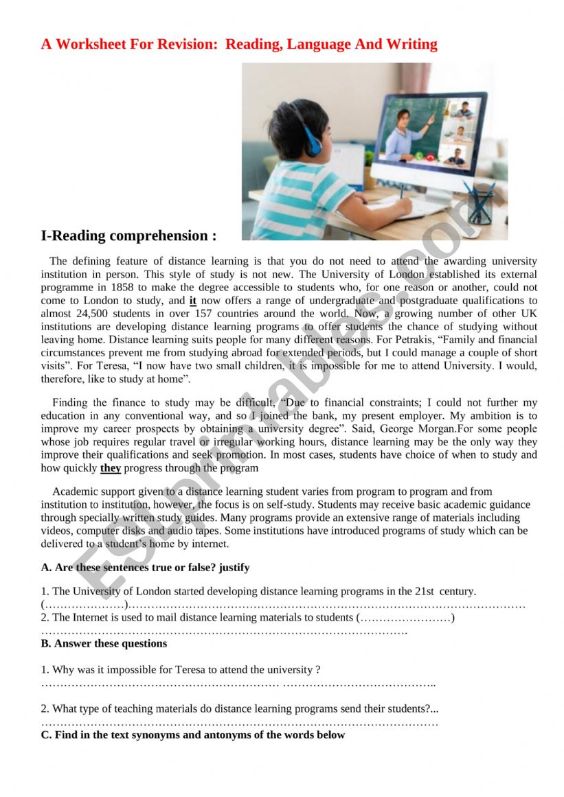 A Worksheet For Revision:  Reading, Language And Writing