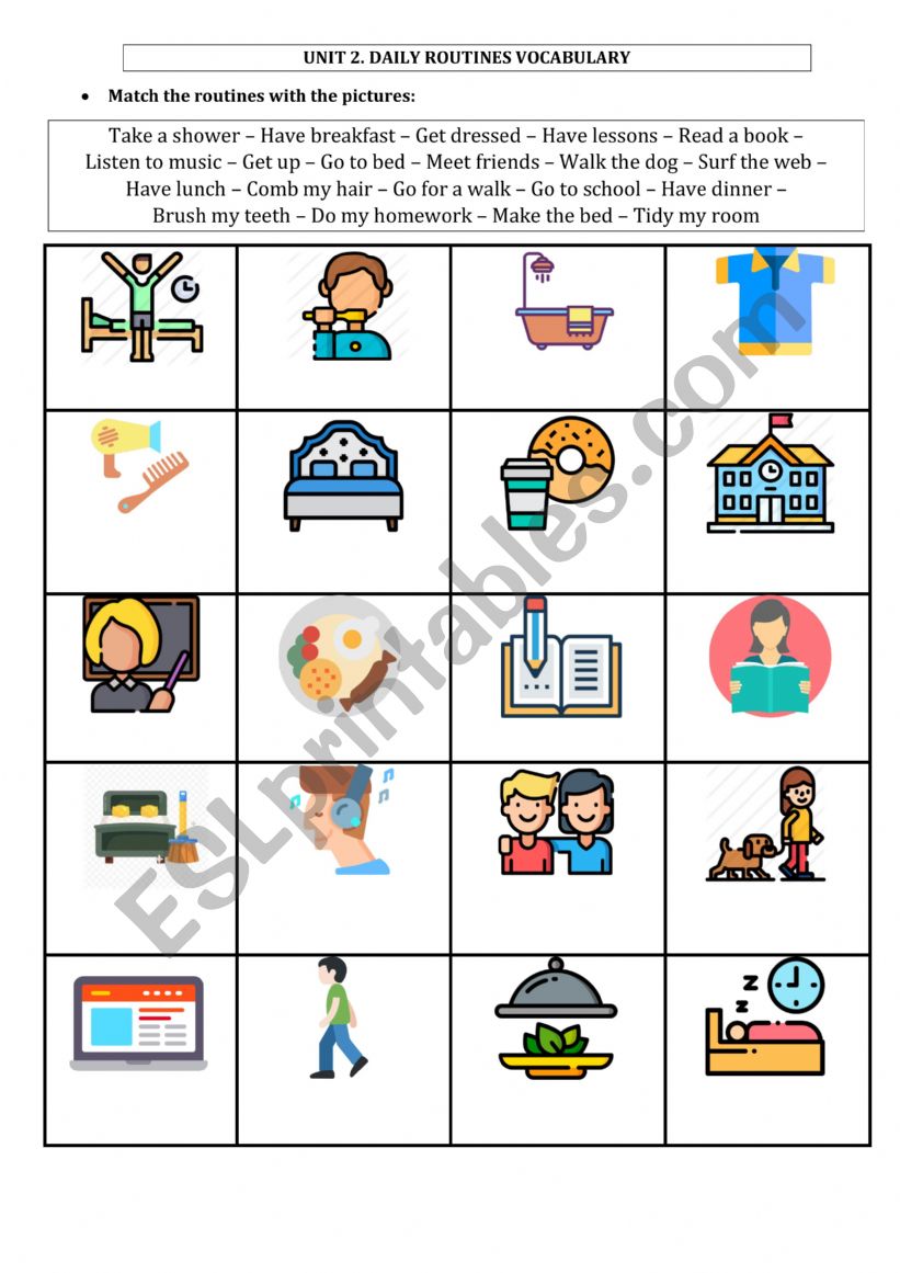 Daily routines vocabulary worksheet