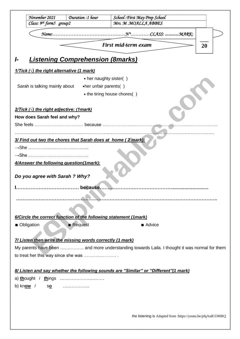 first exam for 9th form 2021 worksheet