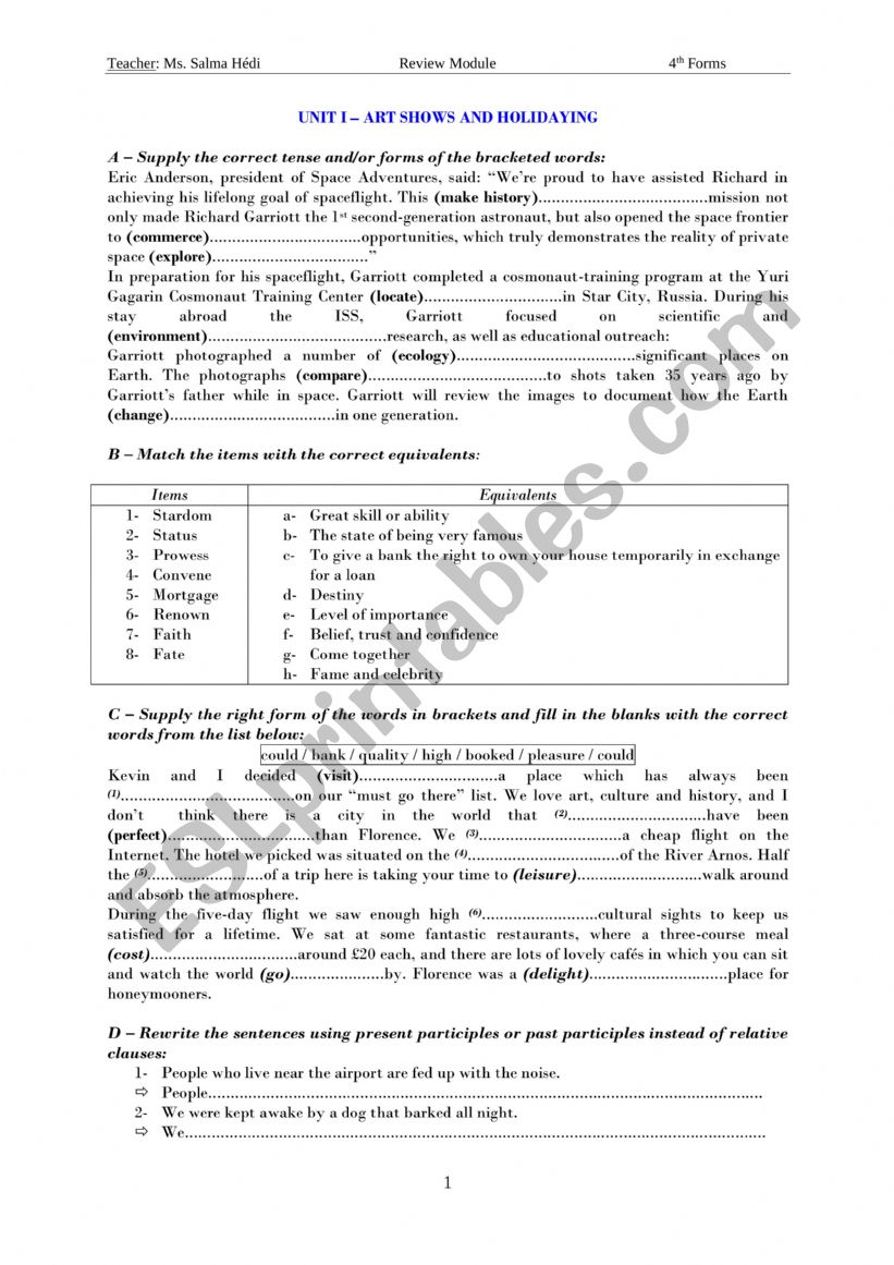 unit one- review 4th forms worksheet