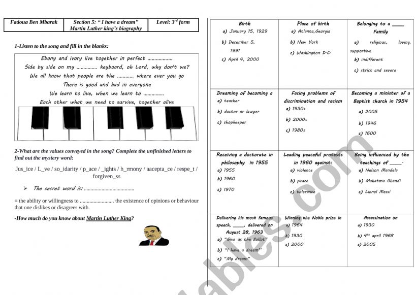 Martin luther king(biography) worksheet