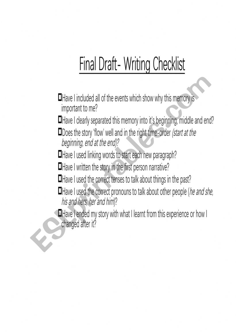 Personal Narrative Final Draft Checklist