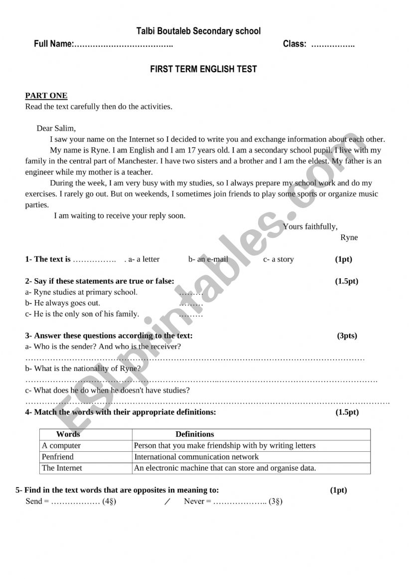 test 1st year  worksheet