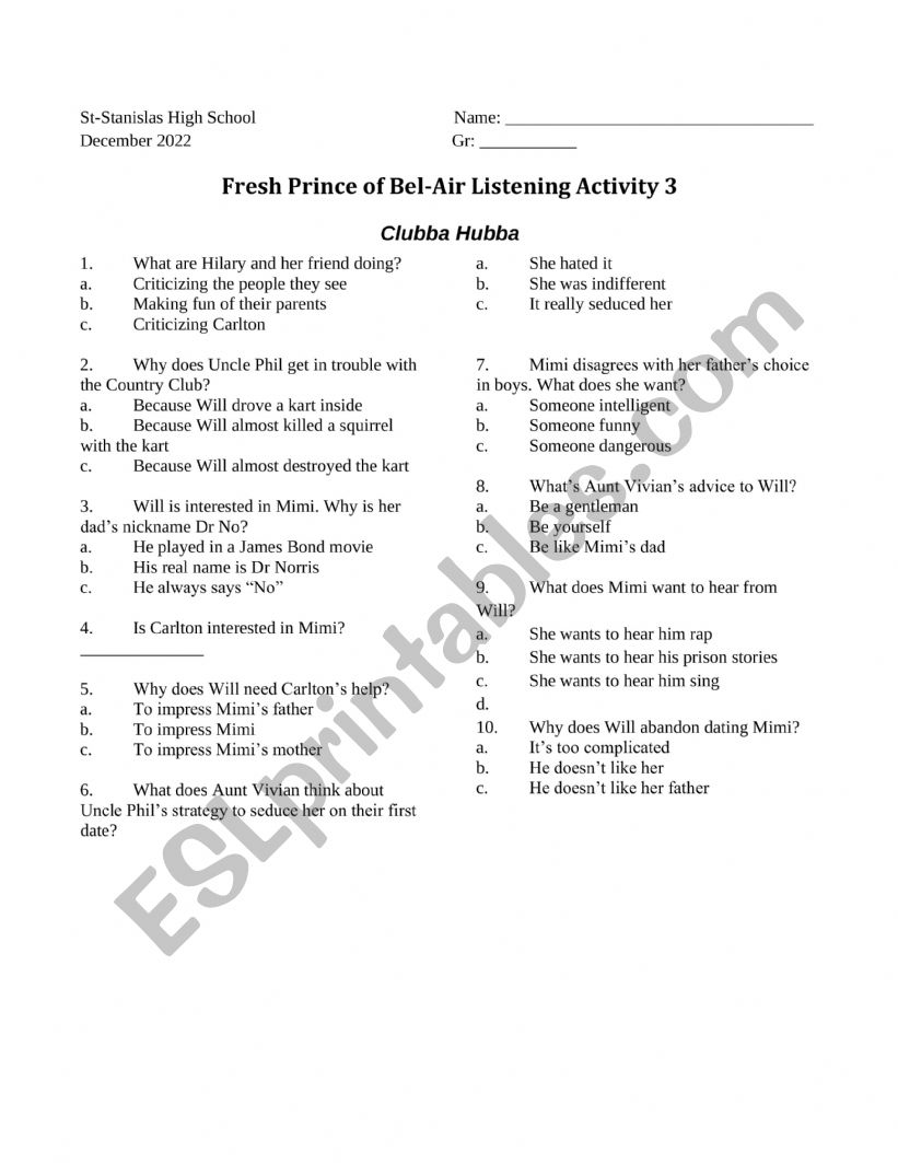 Fresh prince of belair worksheet