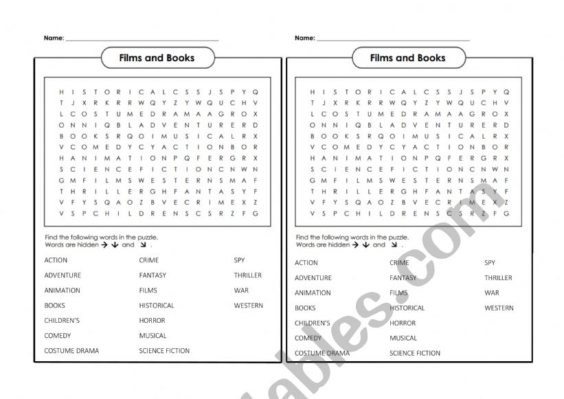 Films and books. Vocabulary Wordsearch