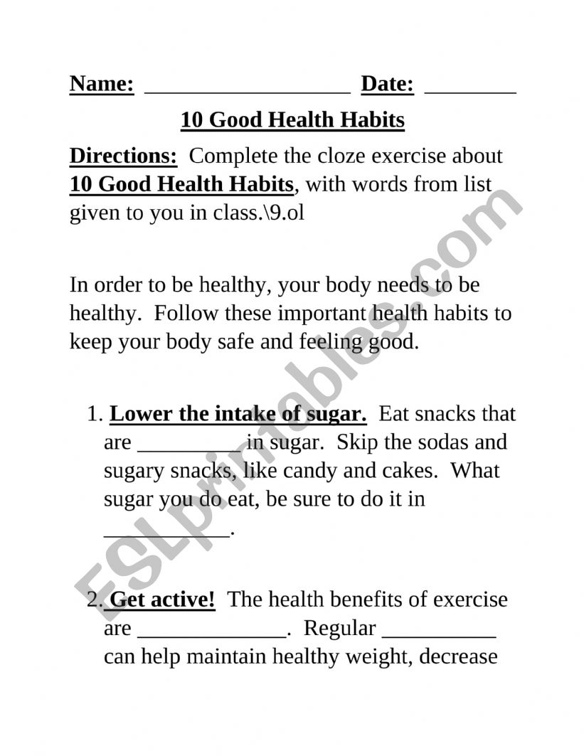 Good Health Habits Cloze Exercise