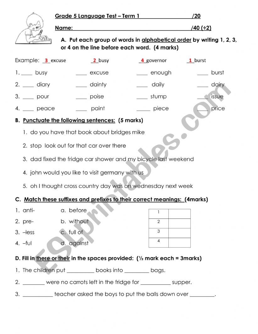 Year 4 Language composite test - ESL worksheet by hazelwood