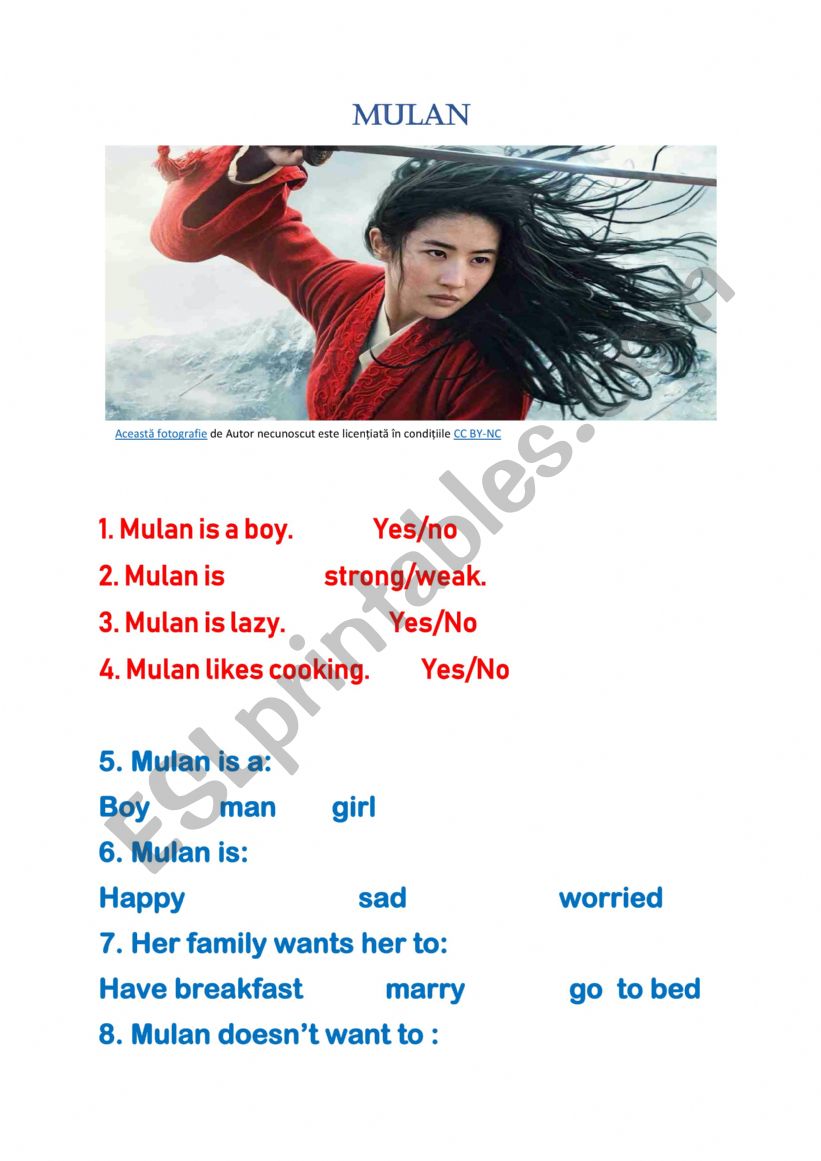 Hua Mulan worksheet