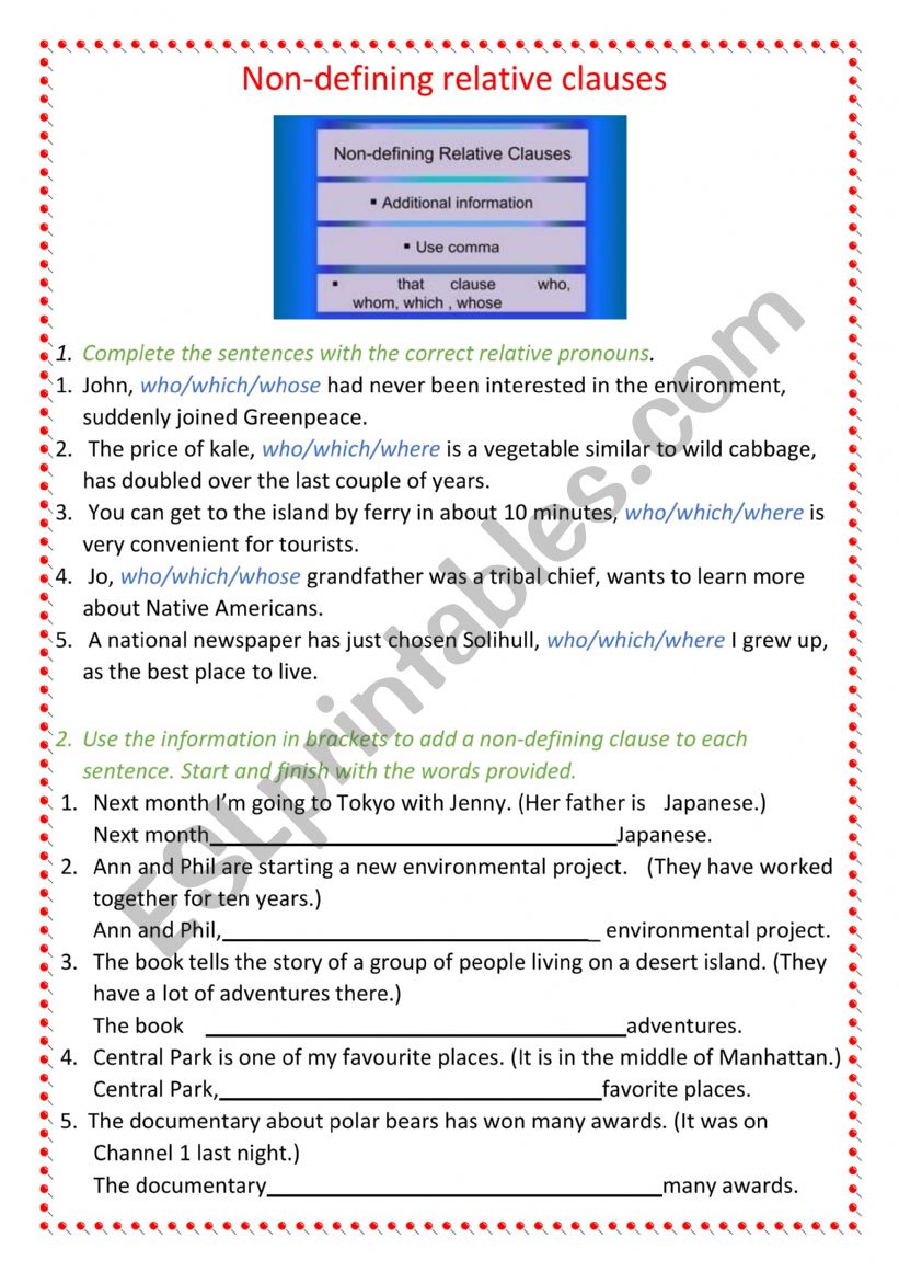 Non-defining relative clauses worksheet