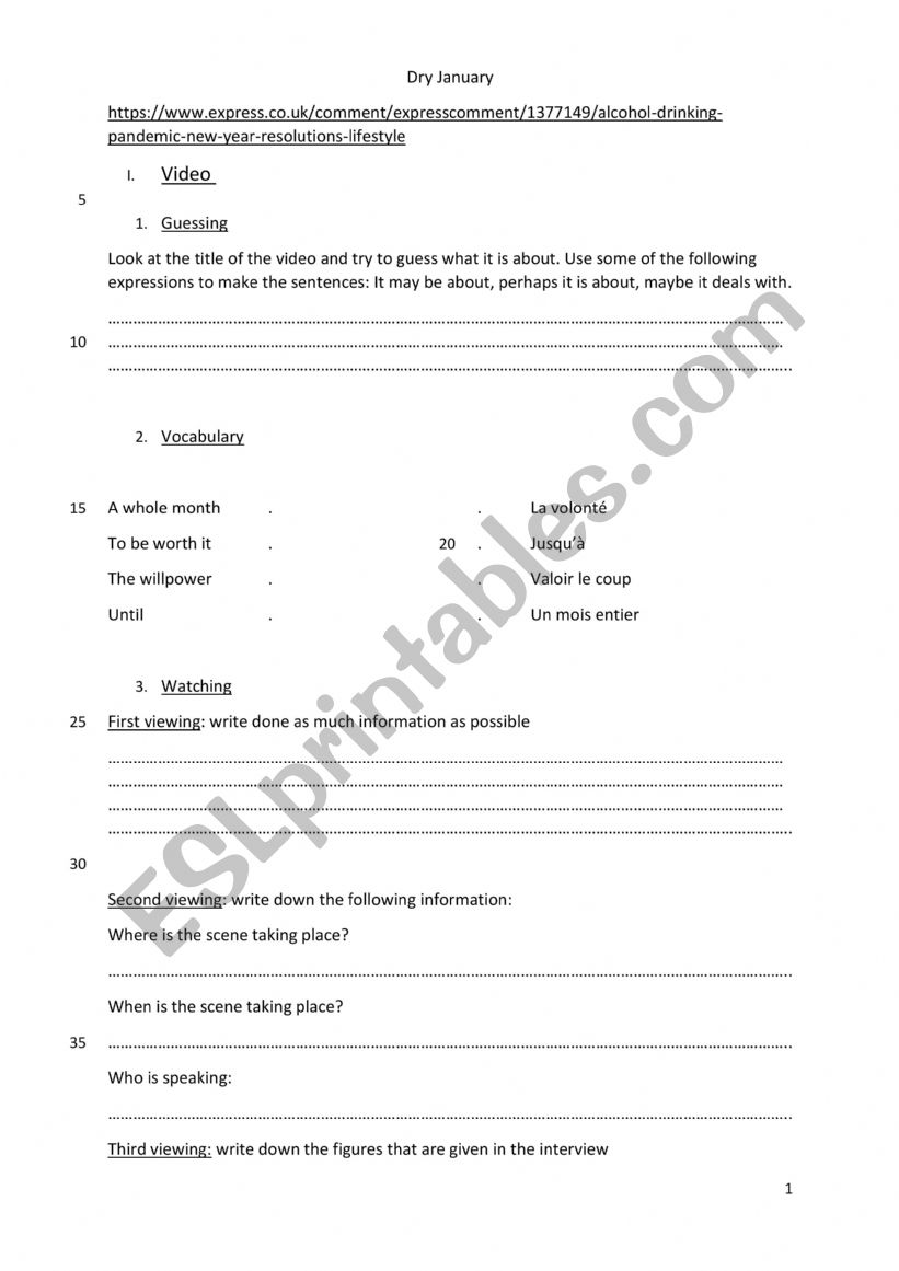 Dry January worksheet