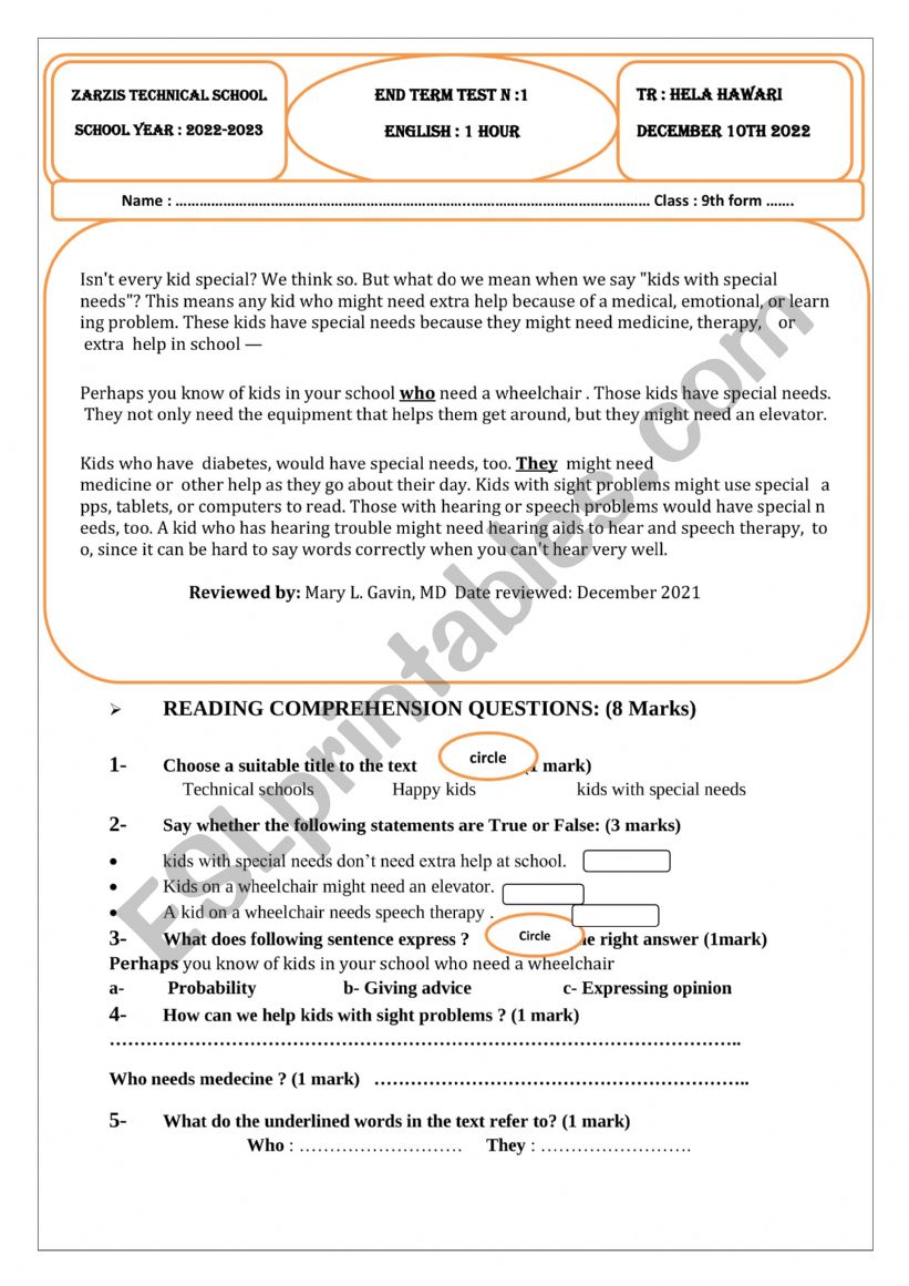 9th form end term test N1 technical students