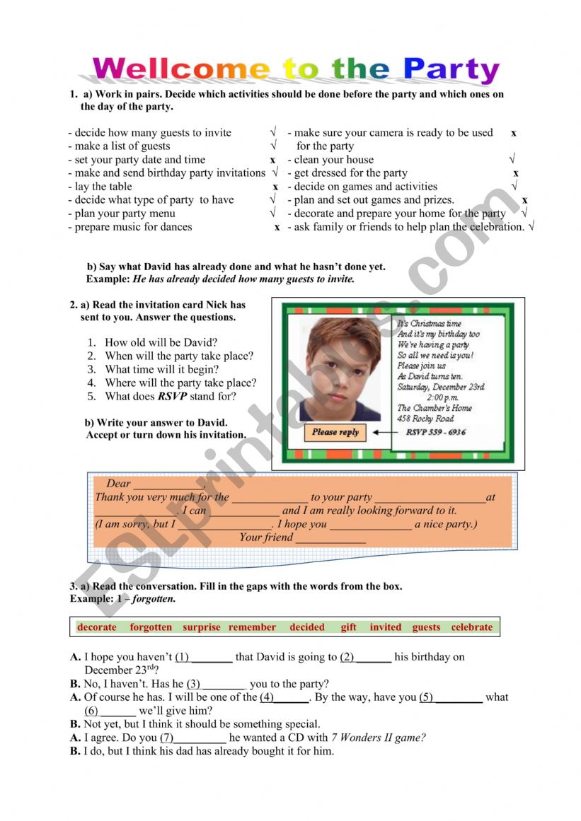 Welcome to the party worksheet