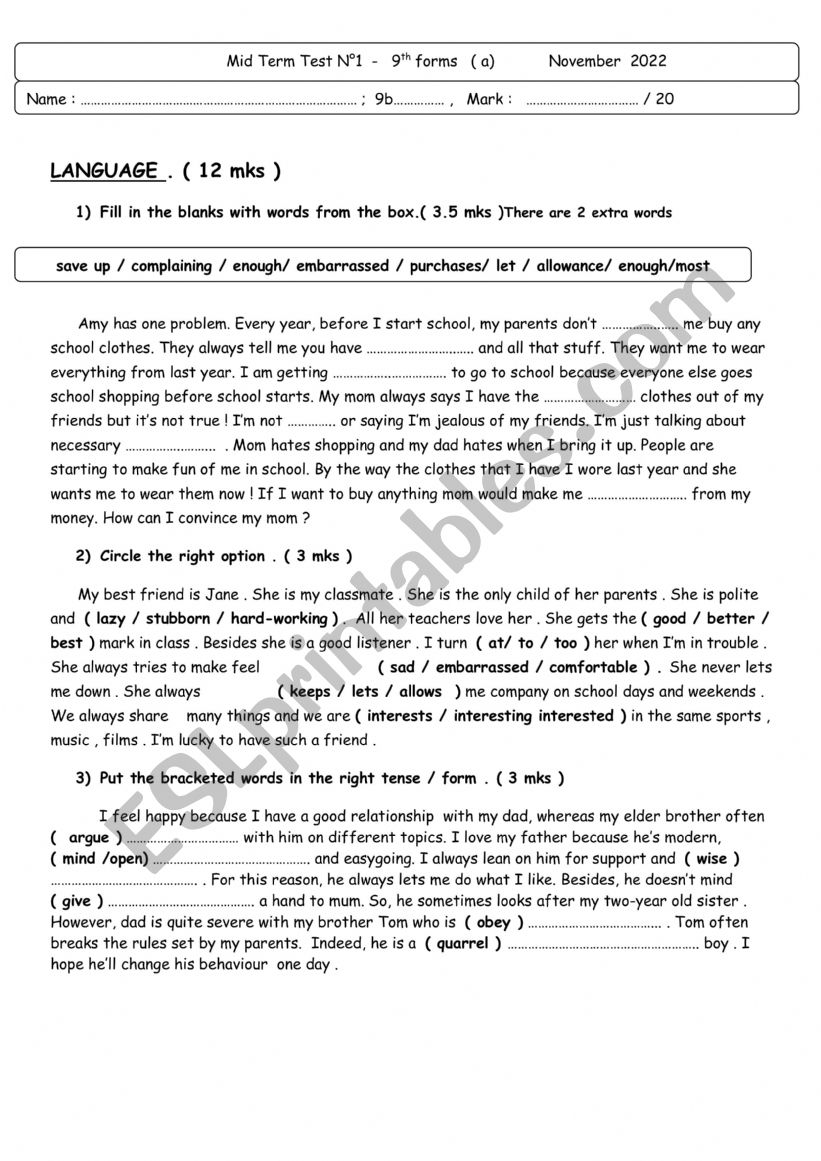 mid term test  9th form  worksheet