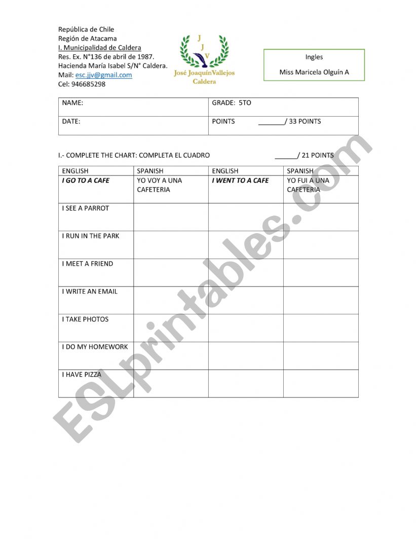 actions in the past worksheet