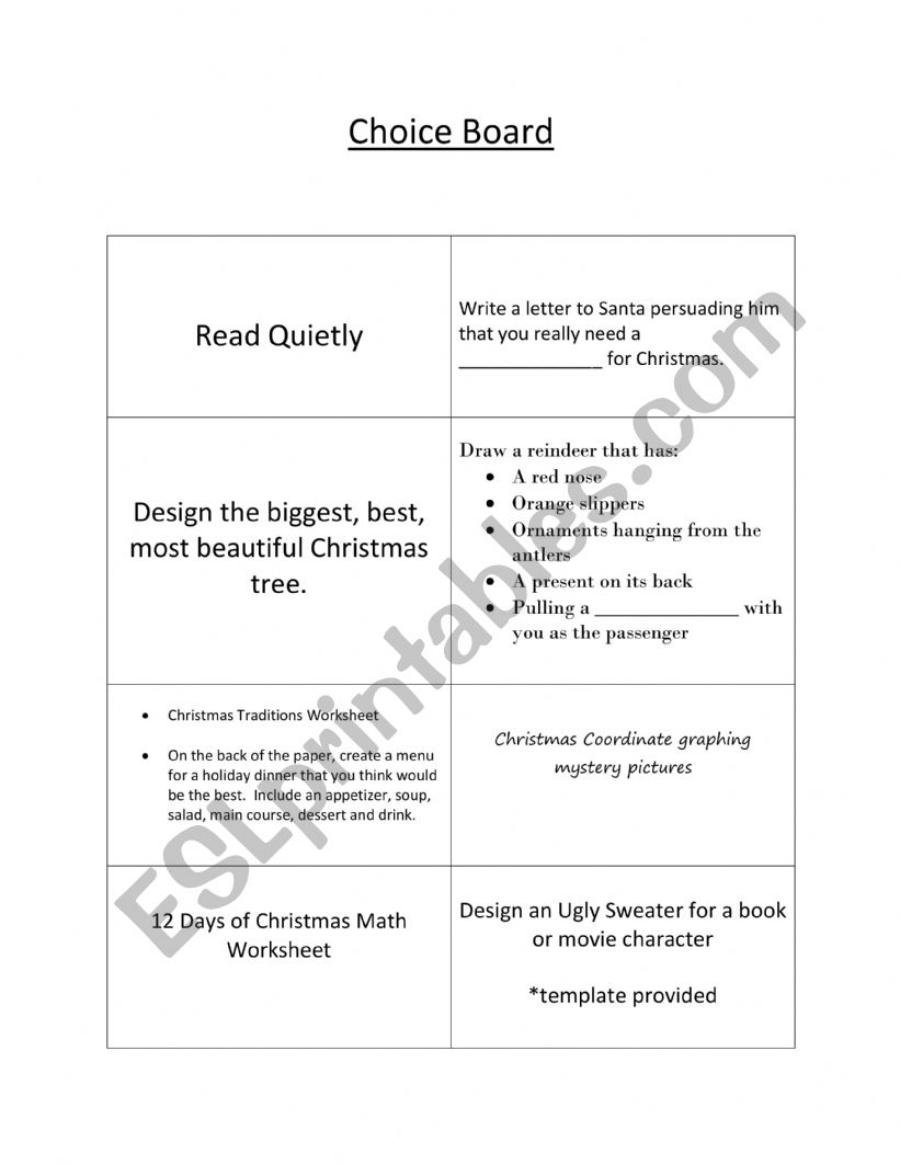 Holiday Choice Board worksheet