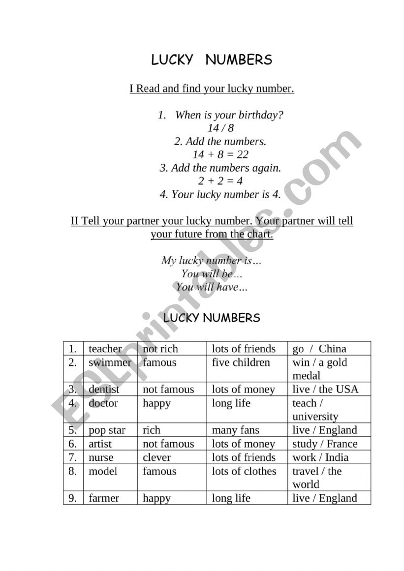 LUCKY NUMBERS - FUTURE SIMPLE worksheet
