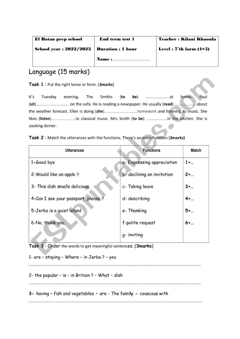7 �th form End term test 1 worksheet