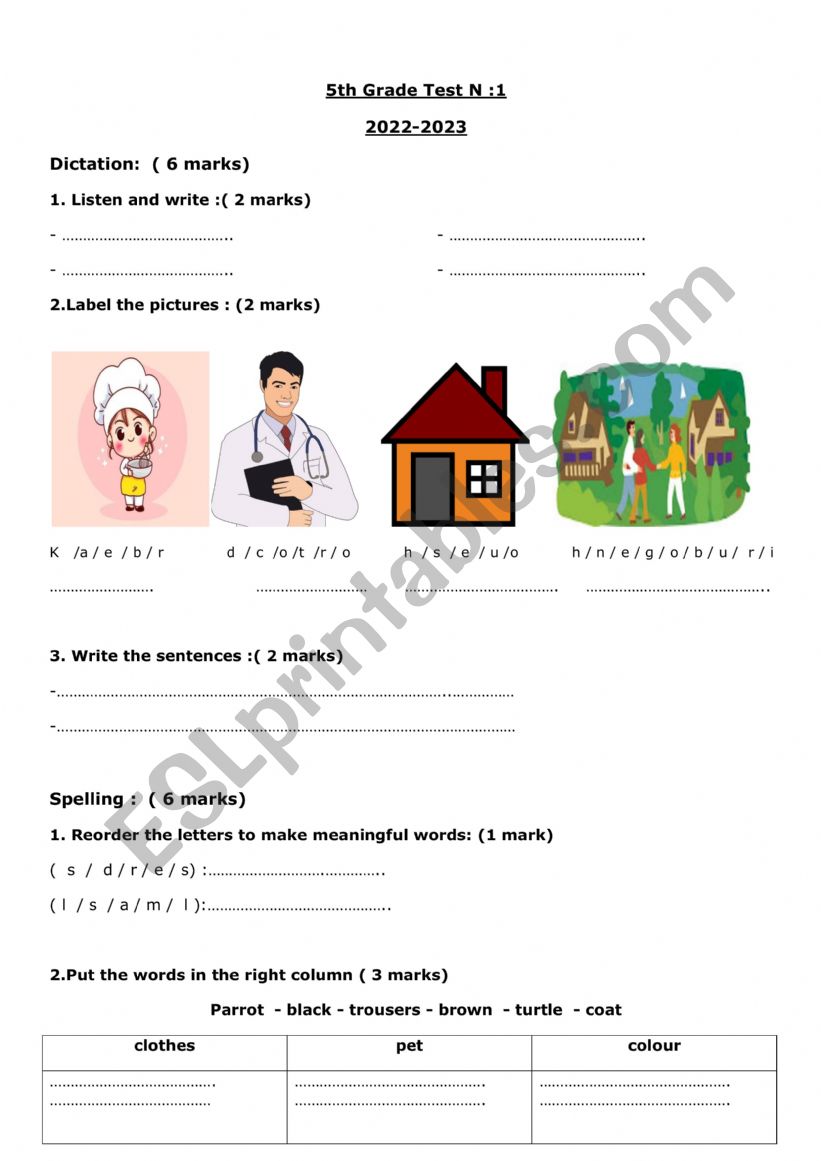 5th Grade Test N :1 (2022-2023)