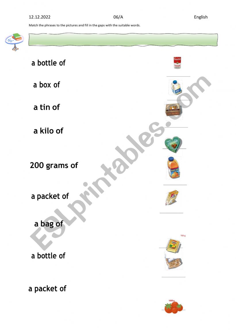 quantities and containers  worksheet