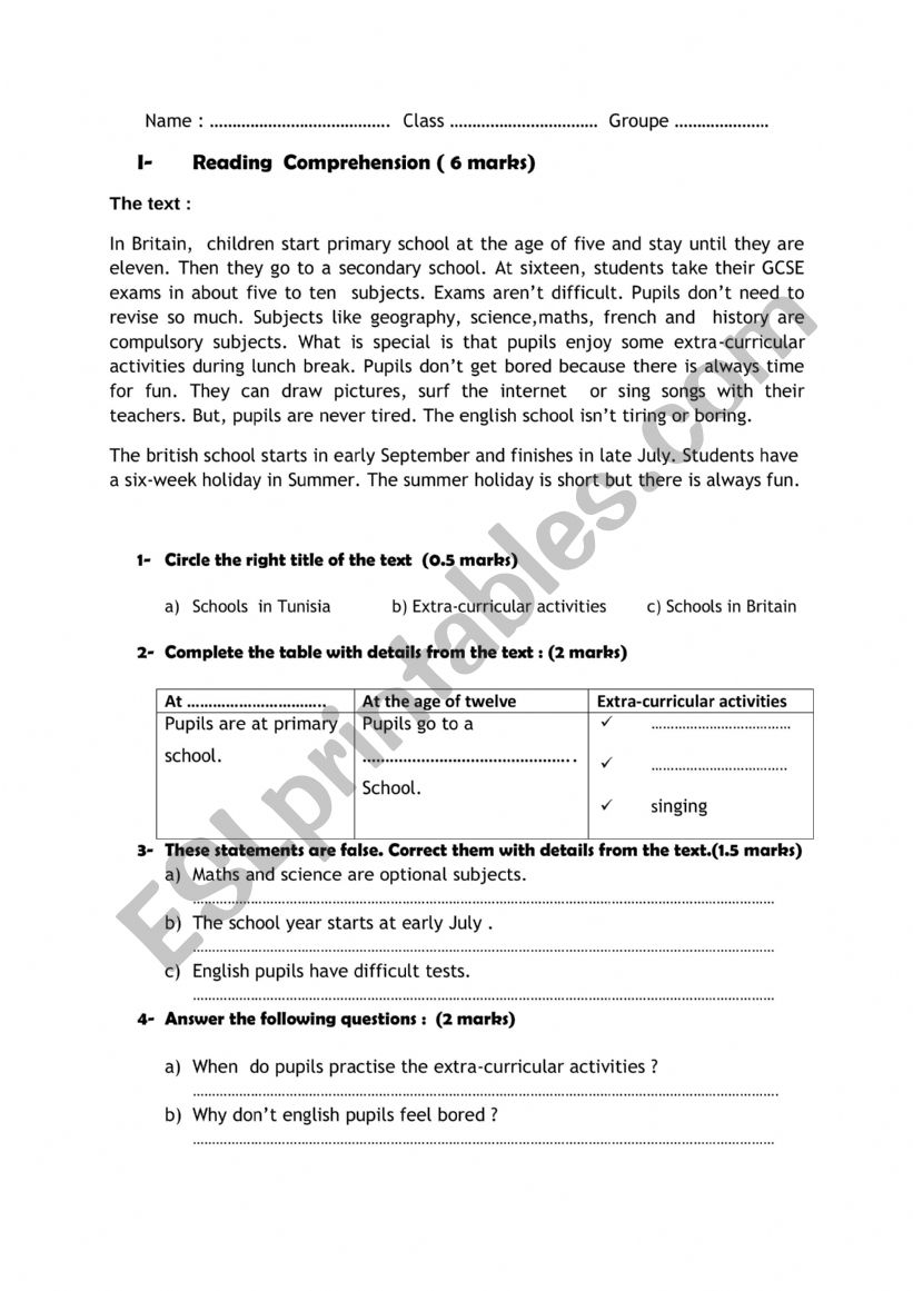 End of Term Test 1  8th Form  worksheet
