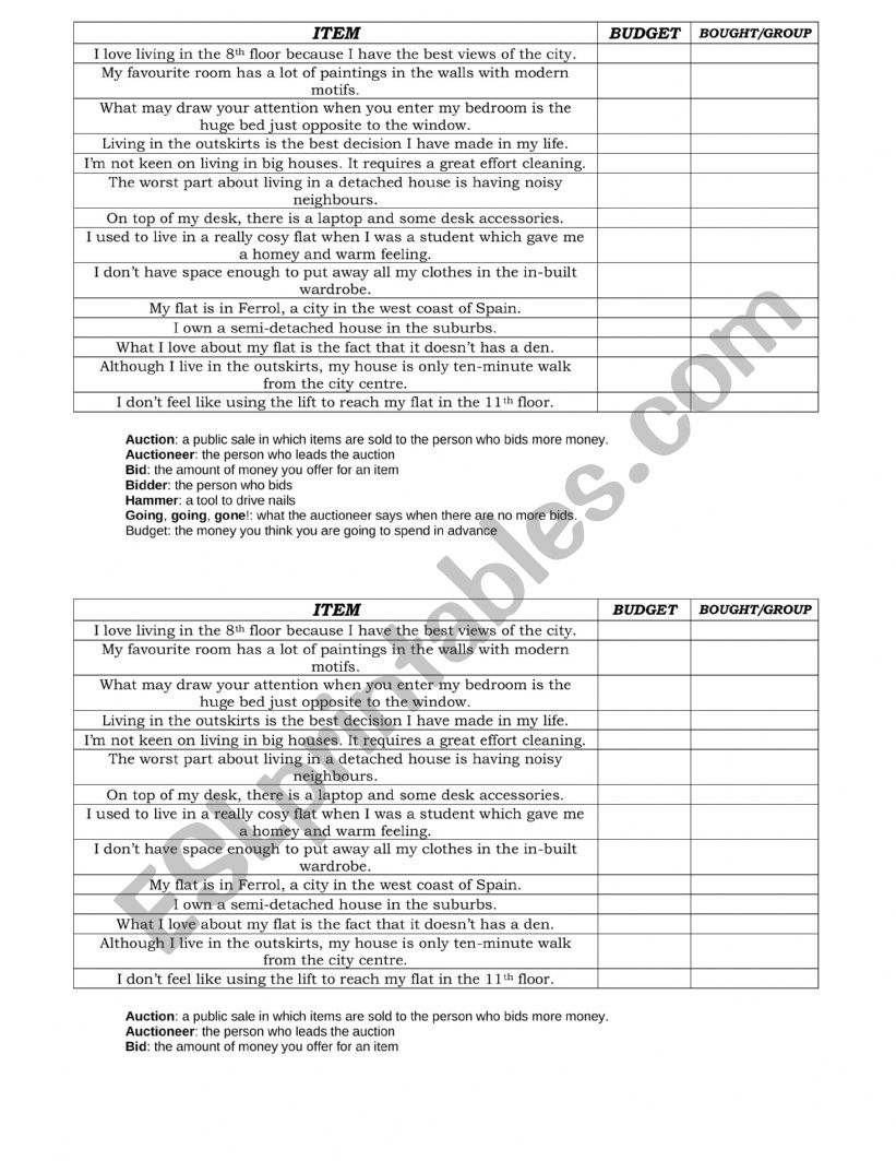 Auction daily routine worksheet