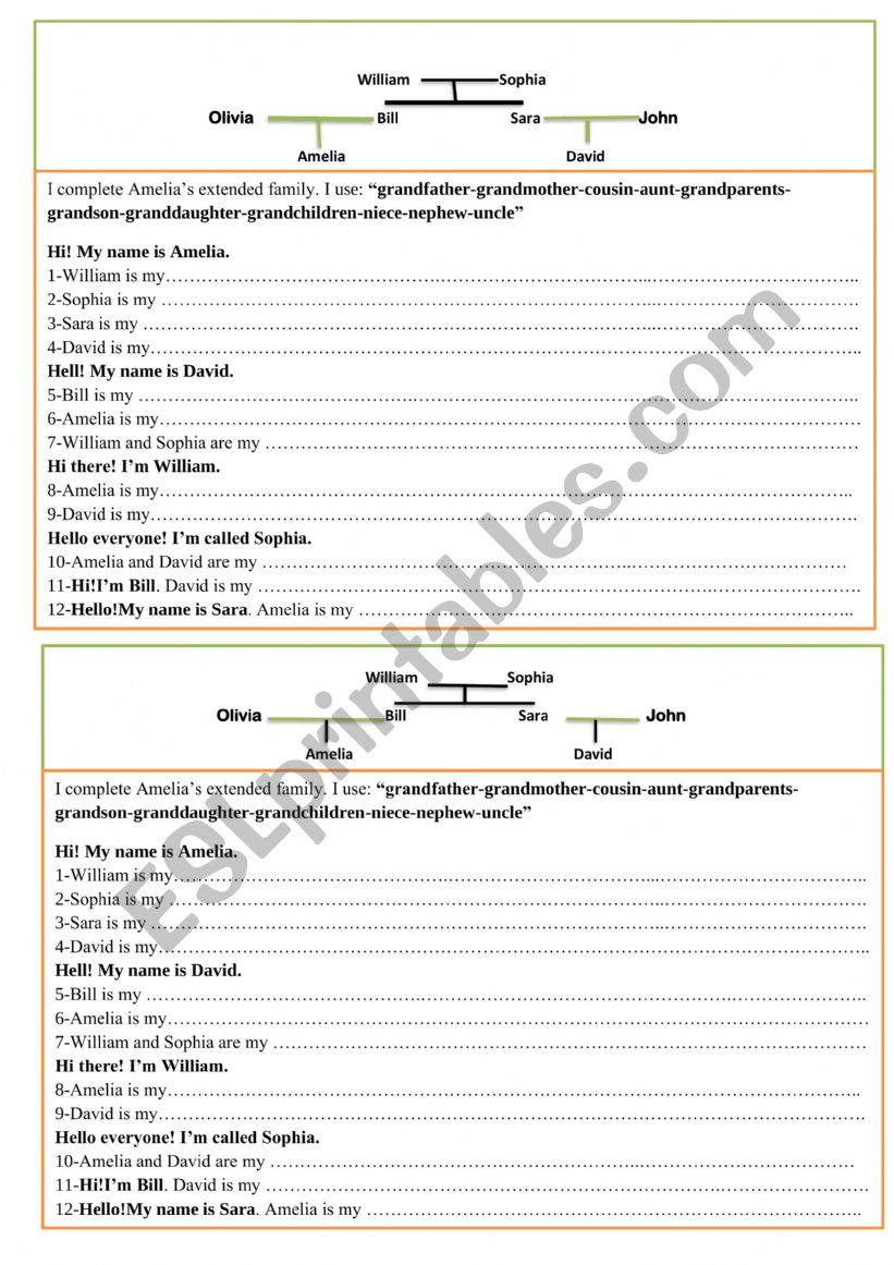 extended family vocabulary worksheet