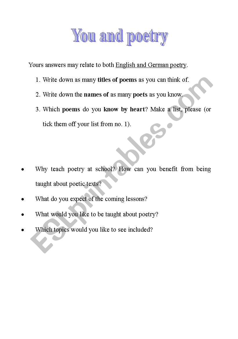 introduction to poetry worksheet