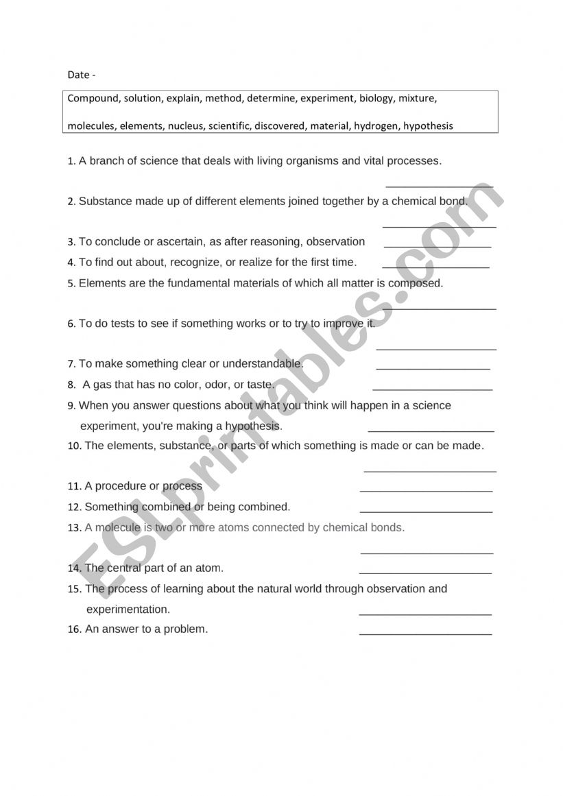 Science and vocabulary worksheet