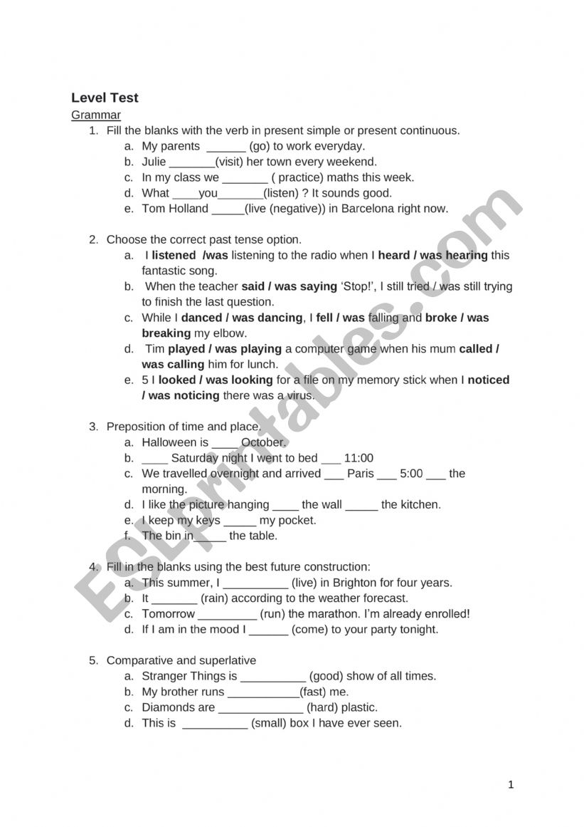 Level test worksheet