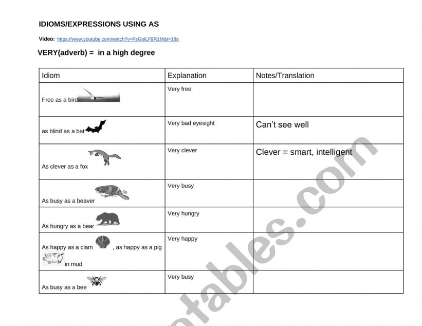 Idioms with as worksheet