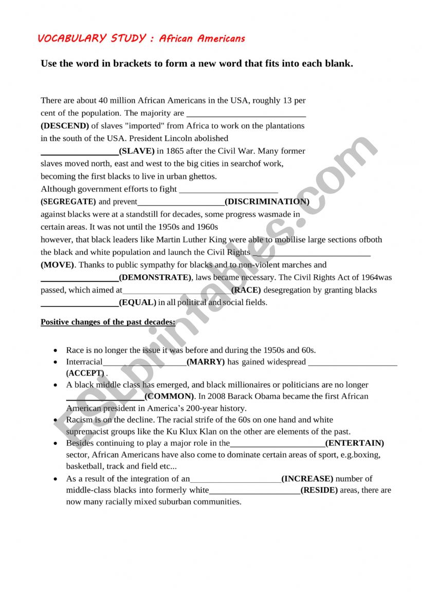 VOCABULARY STUDY : African Americans worksheet + key 