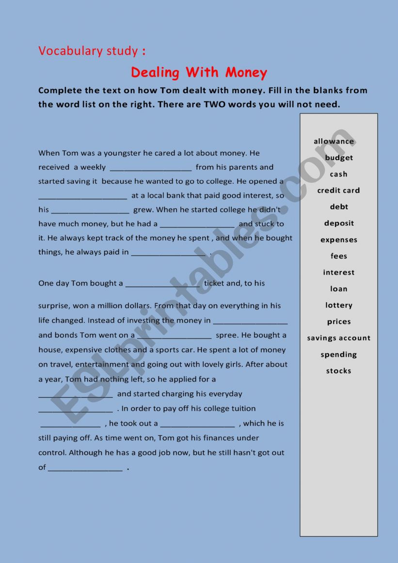 Vocabulary study :Dealing With Money worksheet