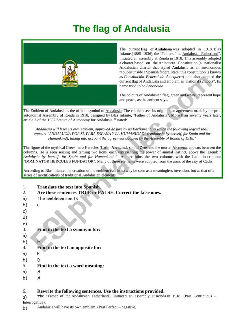 Andalusian flag worksheet