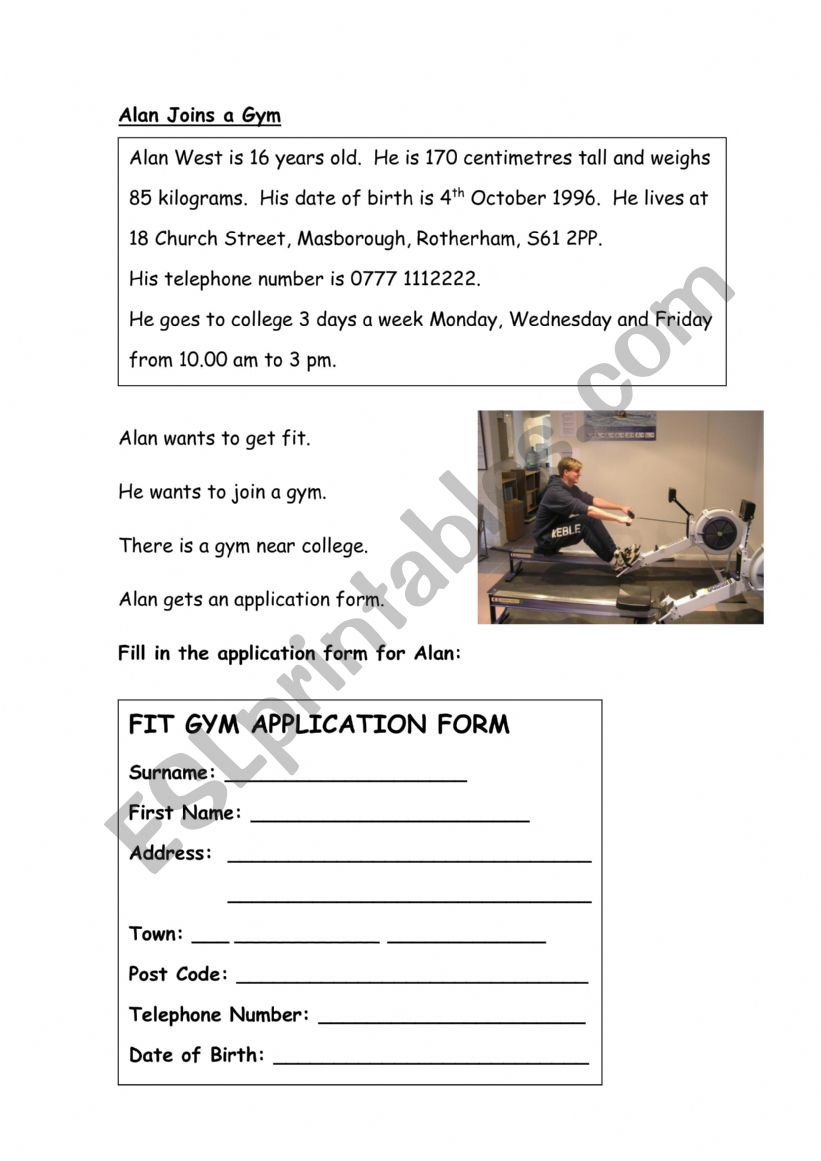 Alan Joins a Gym worksheet