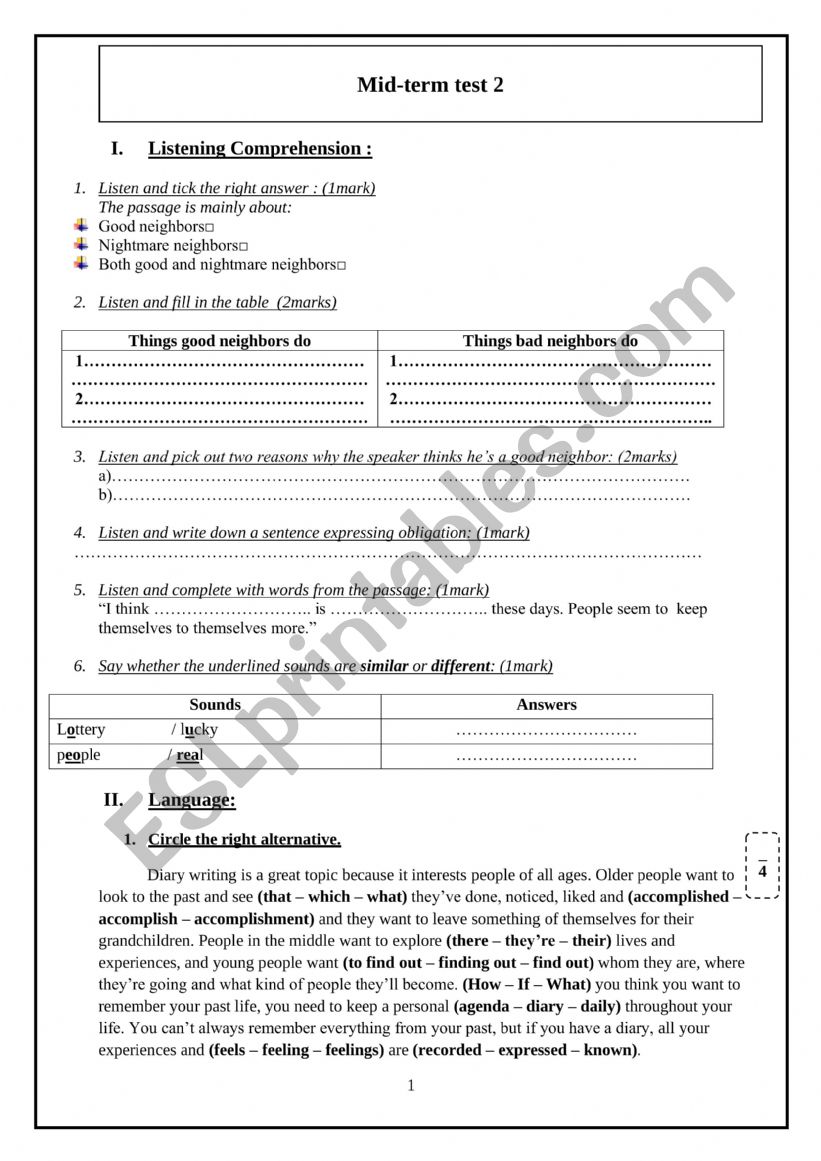 Mid Term Test 2 Esl Worksheet By Dream523 8096