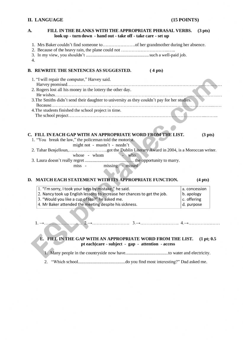 LANGUAGE AND WRITING ACTIVITIES  WORKSHEET