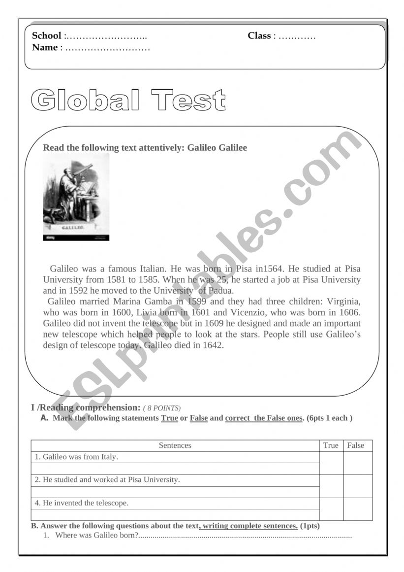 Global test Galileo Galilee  reading + language +writing   